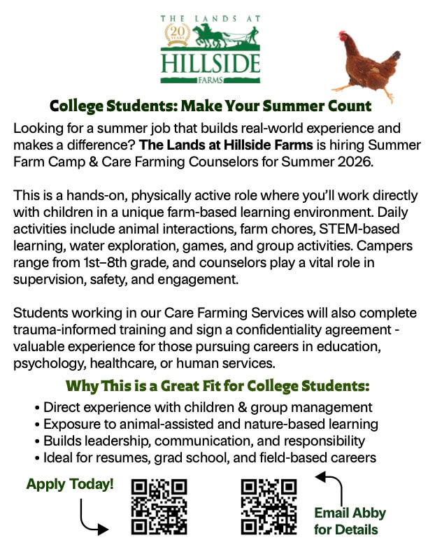 The Lands at Hillside Farms seeking 2026 summer counselors